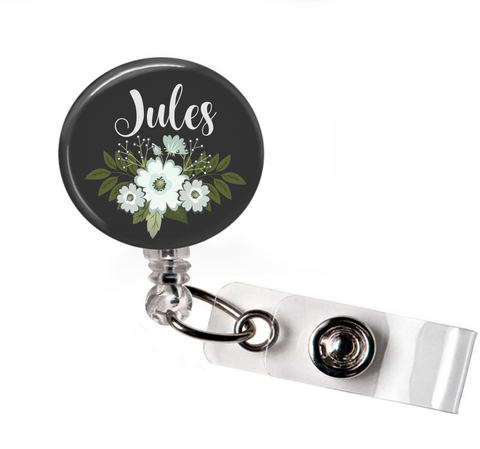 Personalized Floral | Black Background | Badge Reel | NP016 | Badges and Buttons Club