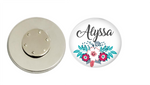 Magnetic Pin Back | Personalized Pink and Blue Floral | White Background | Badges and Buttons Club