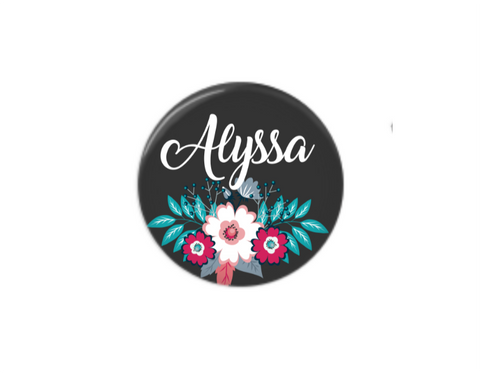 Button | Personalized Pink and Blue Floral | Black Background | Badges and Buttons Club