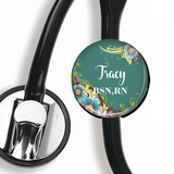 Teal Floral | Interchangeable Personalized Stethoscope ID tag, S083 | Badges and Buttons Club