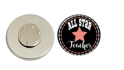 Magnetic Pin Back | All Star Teacher | Black Background | Badges and Buttons Club