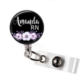 Purple Floral with Black Background | Personalized | Badge Reel | P057 | Badges and Buttons Club