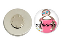 Magnetic Pin Back | Personalized Sloth and Coffee Cup | White Background | Badges and Buttons Club