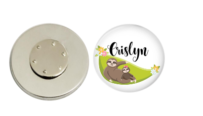 Magnetic Pin Back | Personalized Sloth on a Hammock | White Background | Badges and Buttons Club