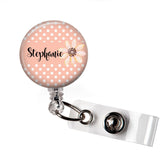 RN Badge Reel | Interchangeable | Pink Floral Polka Dot | Badges and Buttons Club