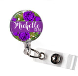Retractable badge holder | Interchangeable | Purple Floral | Badges and Buttons Club